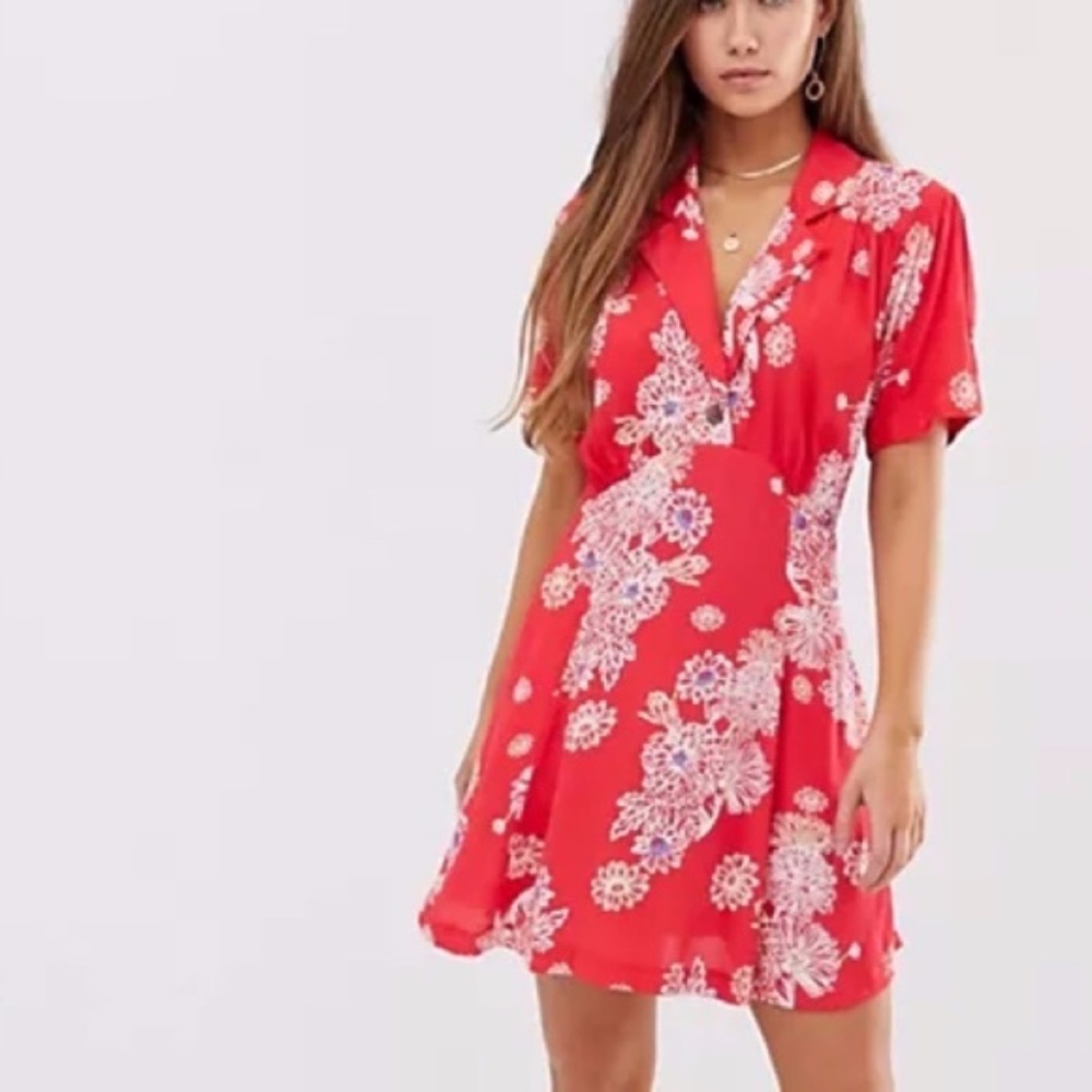 Free People Floral Blue Hawaii Red Mini Dress L